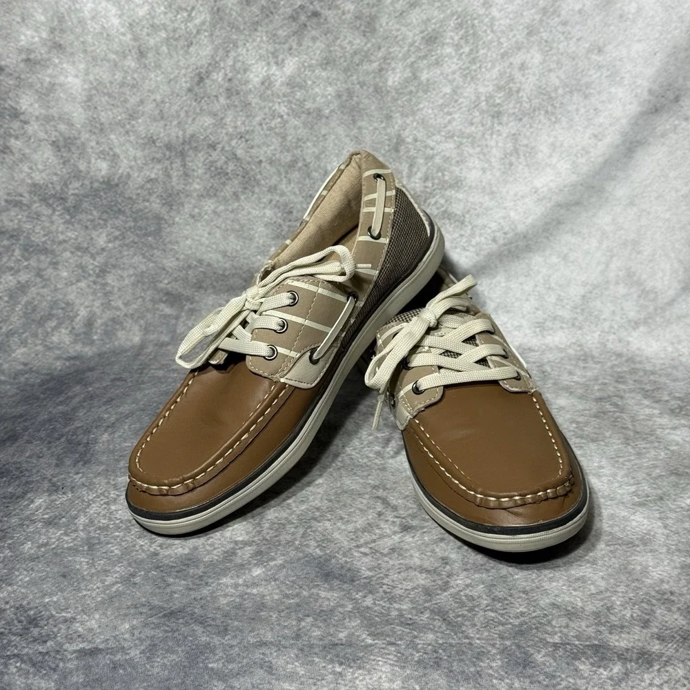 Sedagatti Mens‎ Boat Shoes Size 6.5M Brown Beige Casual Lace Up Moc Toe Nautical